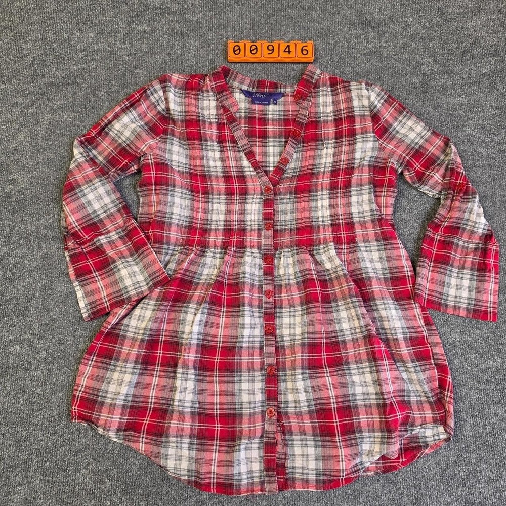 Miley Cyrus Max Azria Red, white and black plaid button-up shirt bell sleeves